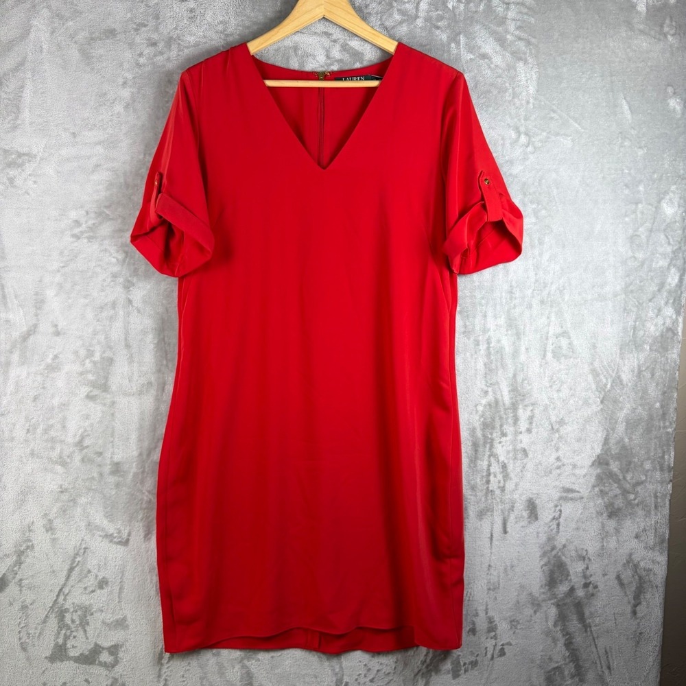 NEW Lauren Ralph Lauren Womens Shift Dress Red Short Sleeve Size 12 Career Party